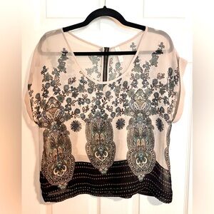 Sheer Crop Top with Navy, Green and Silver Ornate design and half zipper on back